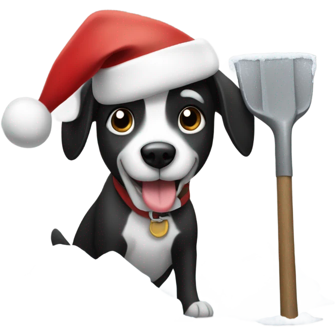 Black and white dog with a santa clause hat on shoveling snow emoji