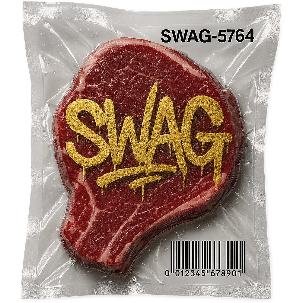 steak with gold graffiti-style 'SWAG' text, glossy, vacuum-sealed style emoji
