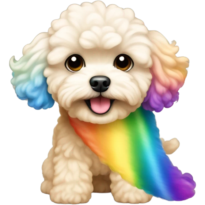 Cream colored maltipoo with rainbow tail emoji