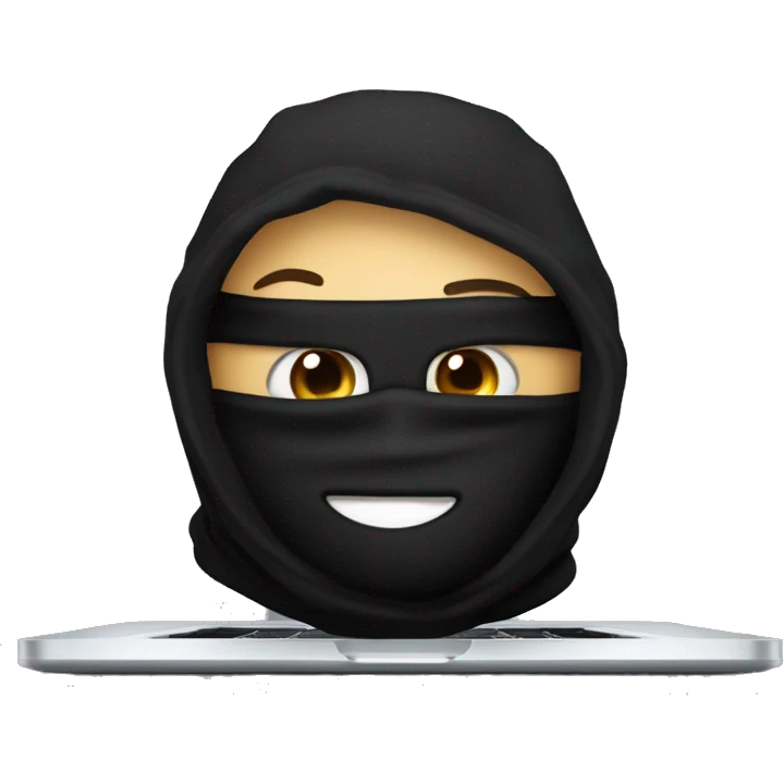 A guy in a black balaclava with eyes in the form of dollars is sitting on an apple laptop emoji
