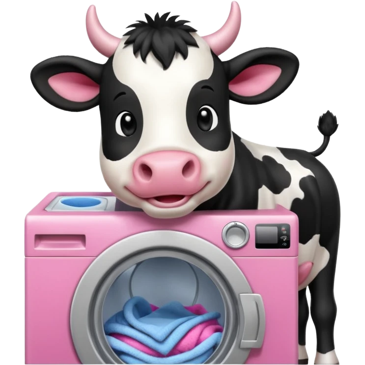 cartoon Friesian cow loading laundry into a washing machine emoji