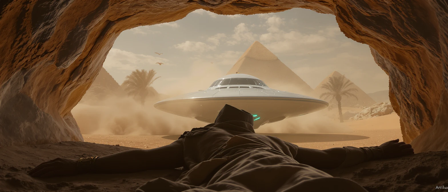 cinematic still, documentary photography, acient egypt, back shot of a man dress in ancient clothes in cave (frame in frame effect) on ground laying front of small ufo starship, sand flying around, palms, dynamic scane, leading lines, captured by arri alexa, depth layers, piramids in babckground emoji