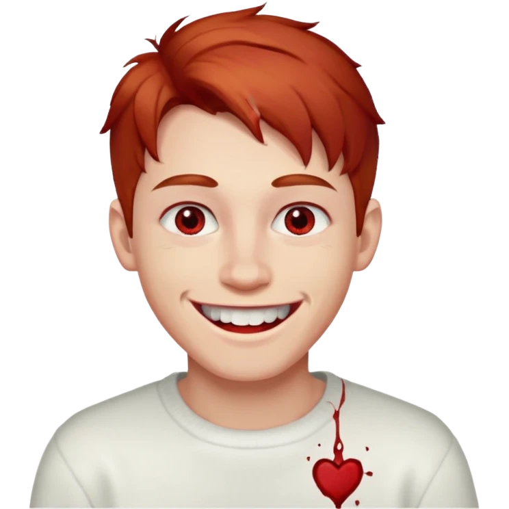 парень с красно-русыми волосами; бледная сероватая кожа; белые глаза; открытая улыбка, где на зубах кровь; одет в белый свитер emoji