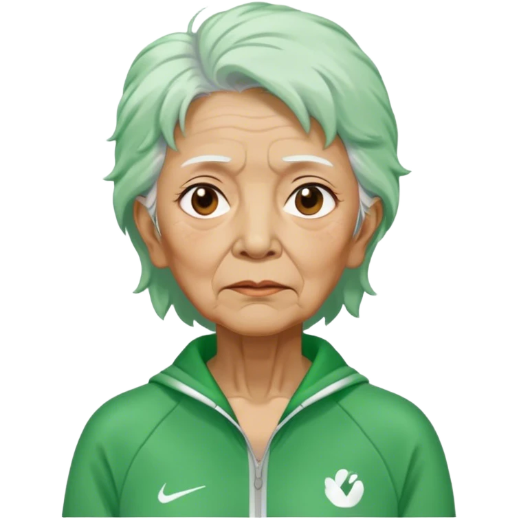Hong is an old woman, around 60 years old, green tracksuit.  Her white tie hair, is unkempt and damp with sweat. emoji