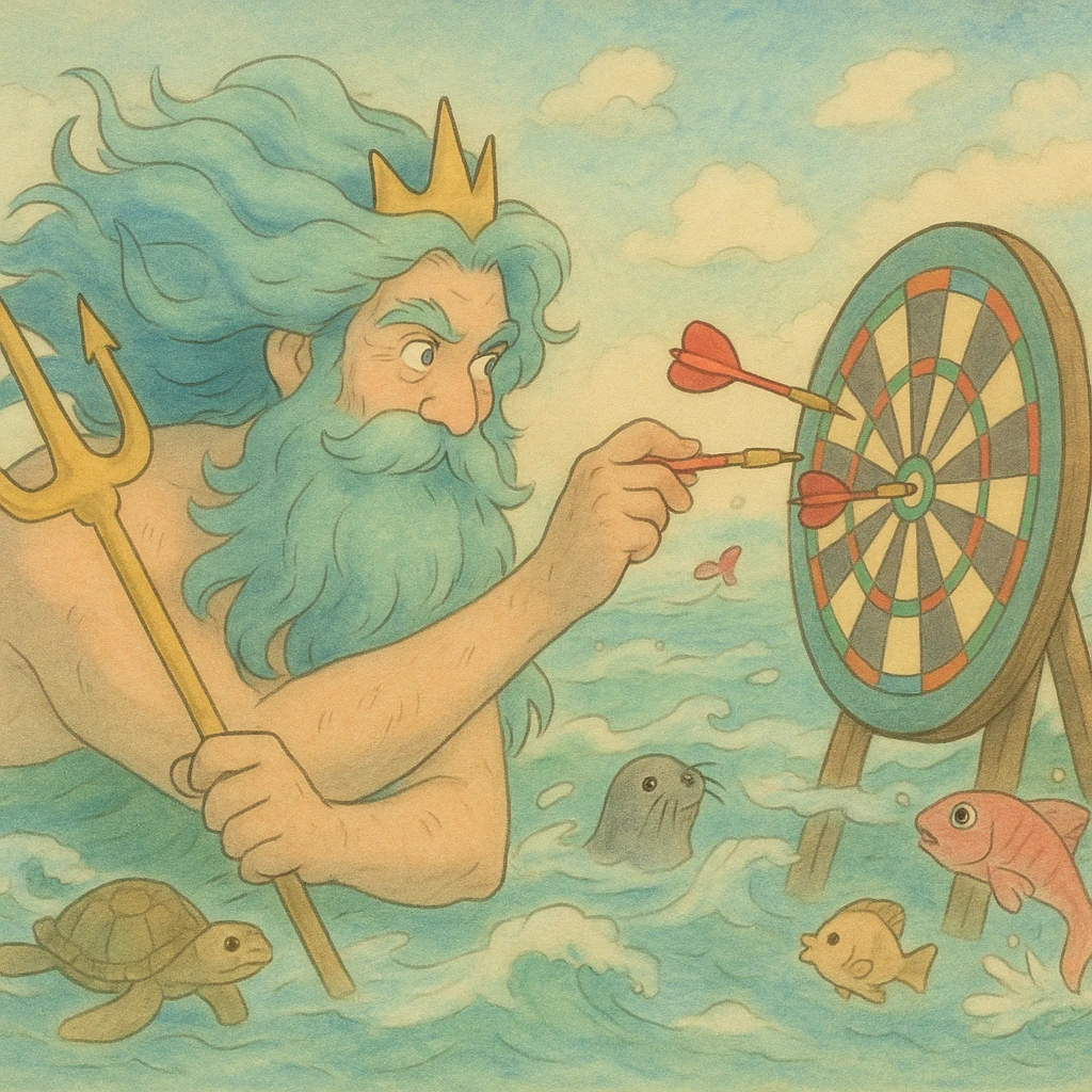 Neptune and a dartboard, whimsical illustration emoji