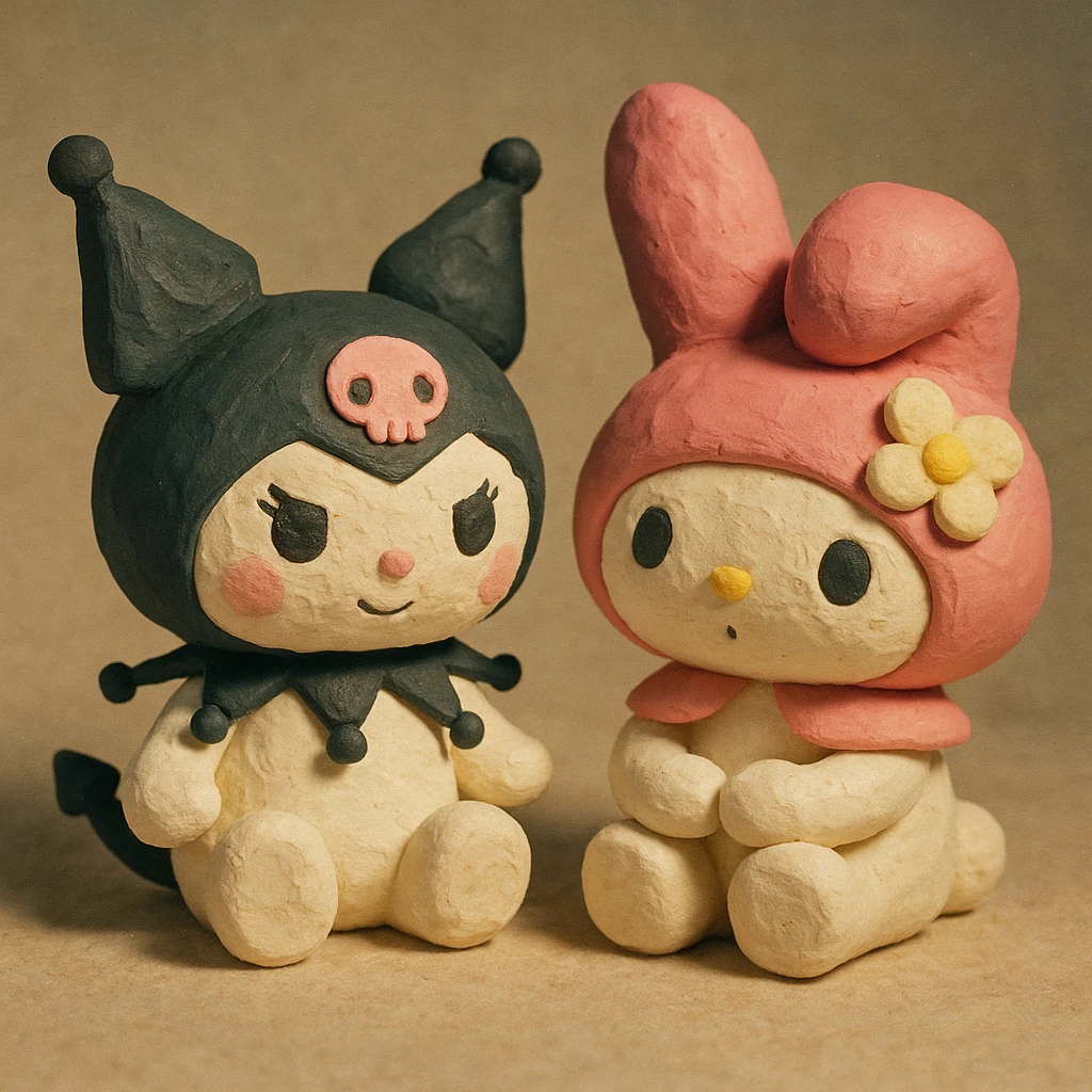 Kuromi and My Melody together, textured look, soft palette emoji