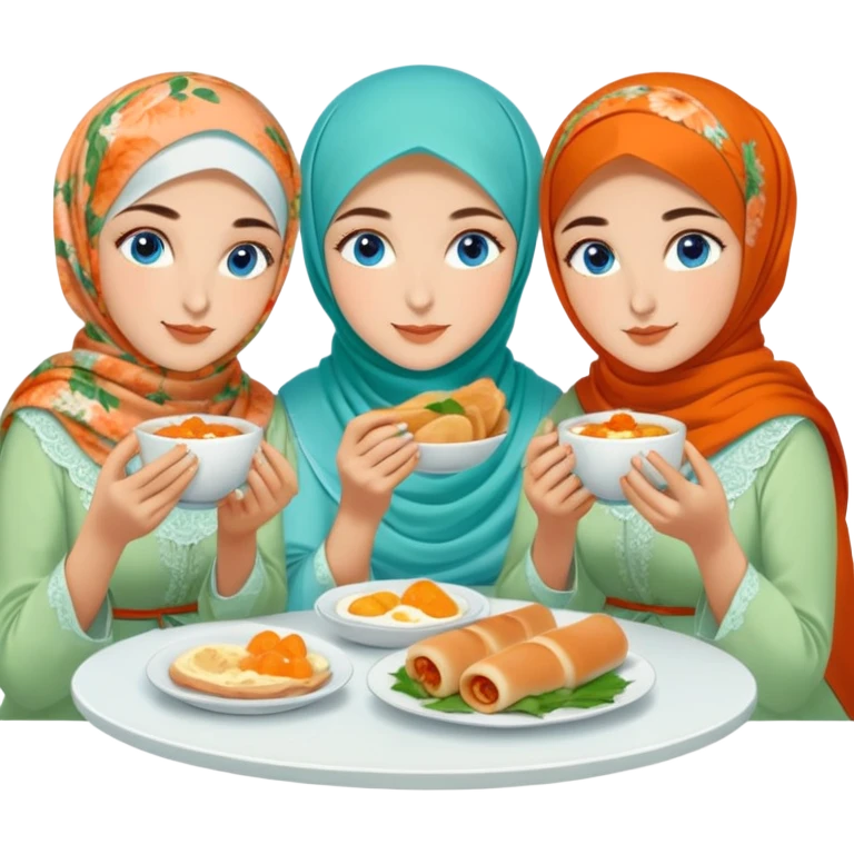 Three sister Turkish girls beautiful finish Konya blue eyes with orange floral hijab and light green dress and eating a Turkish Breakfast emoji