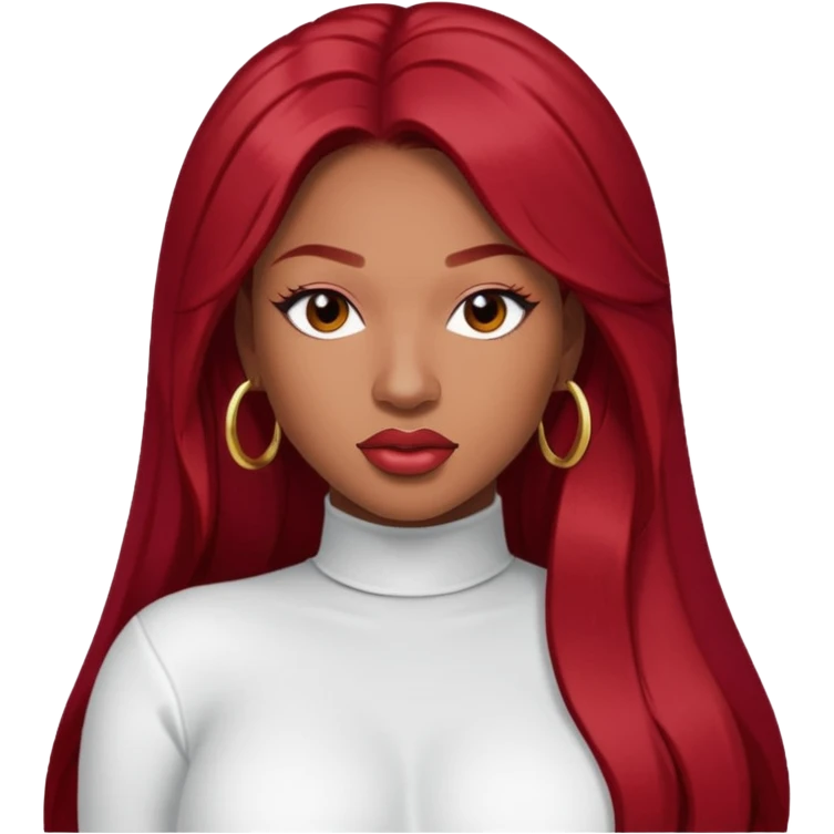 Megan Thee Stallion with long dark red hair, white outfit emoji