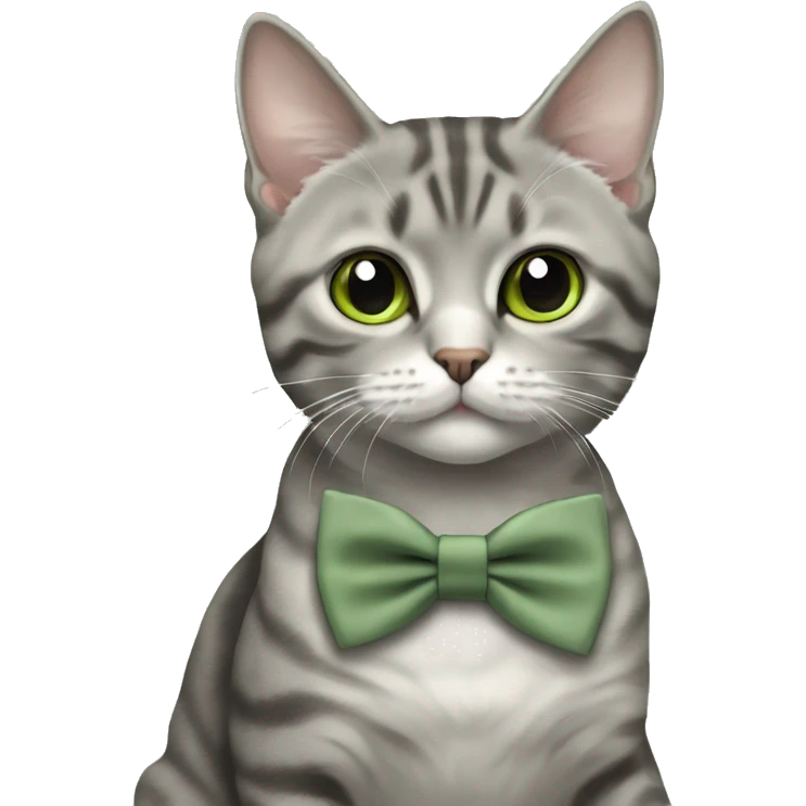 Aesthetic round-faced grey tabby British short hair full body cat with sage green bow tie emoji
