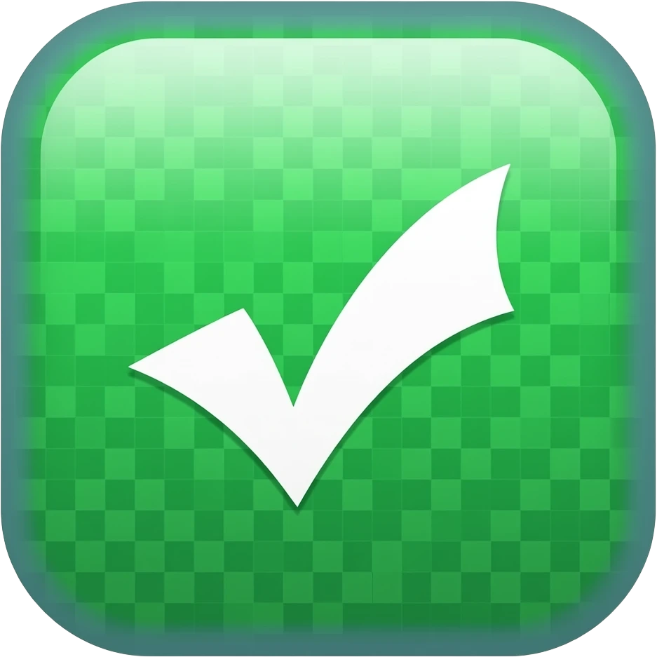 a correct mark tick emoji, futurstic, tech, simple, 2D, utilitarian, Green background, white tick, sharp edges, anime, emoji