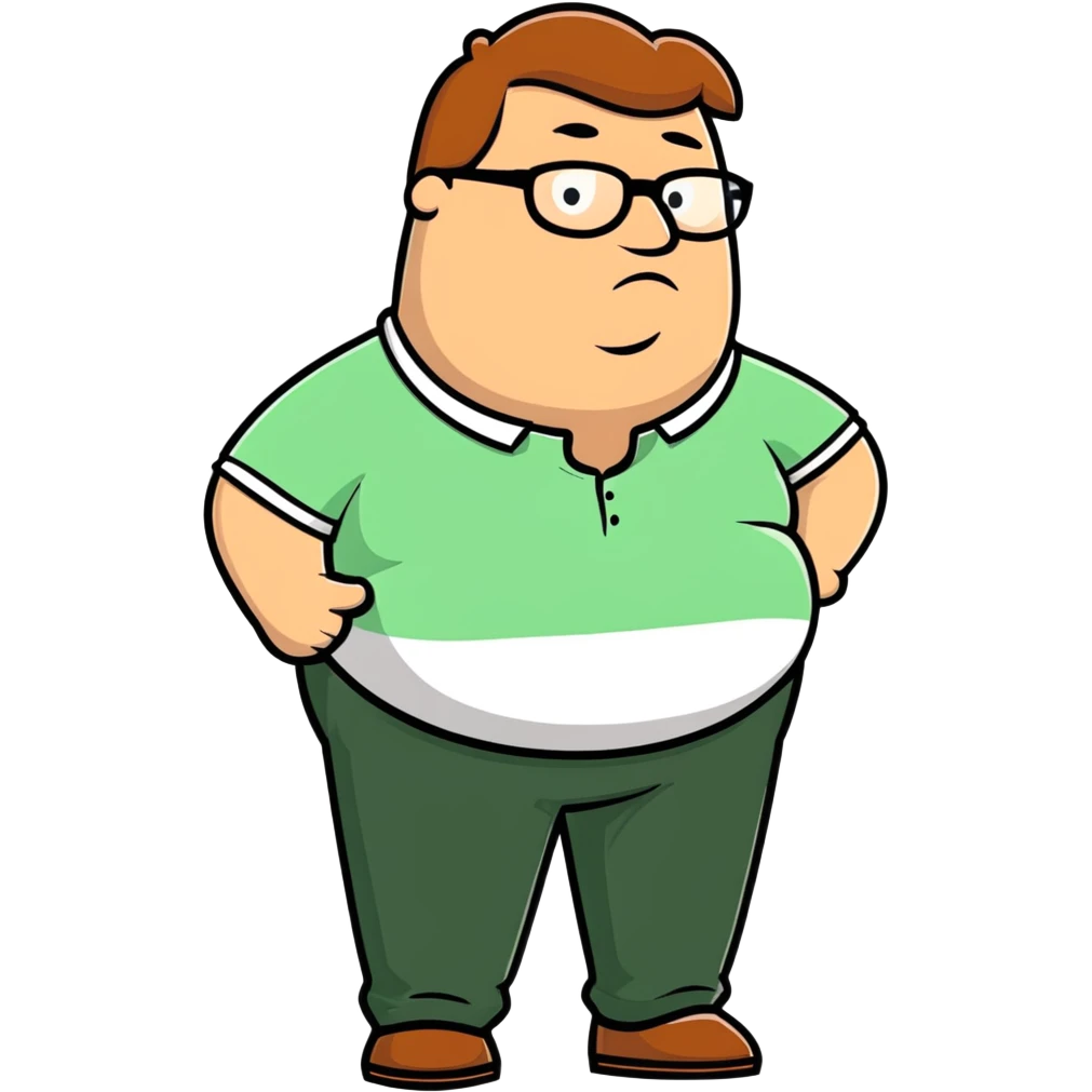 Peter Griffin from Family Guy with a pregnant belly, wearing green pants, white shirt, and glasses emoji