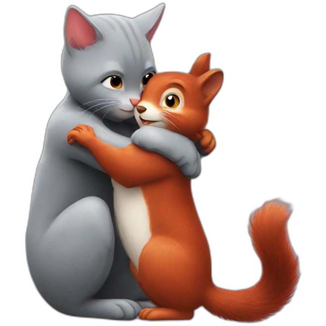 grey cat hugs a red squirrel emoji
