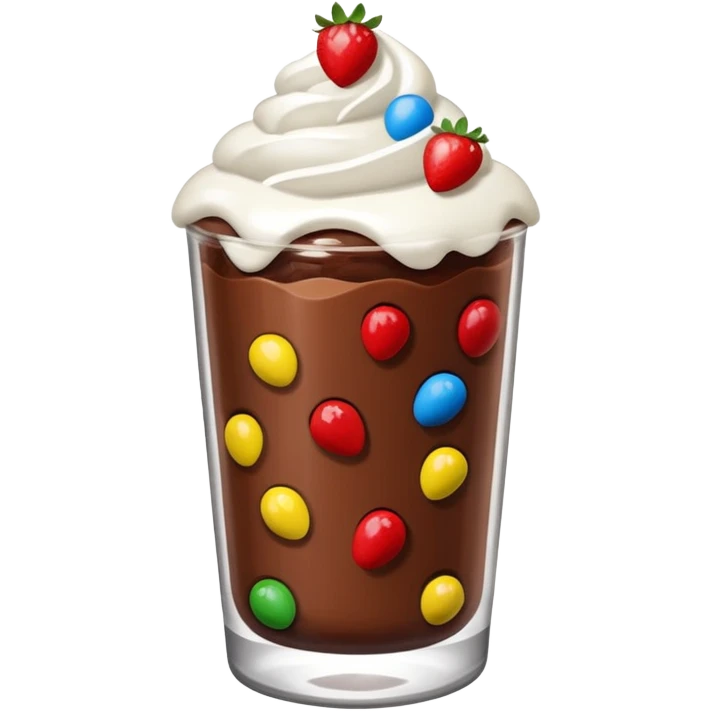 Un vaso cubierto de chocolate que arriba se vea crema batida fresas y mym emoji