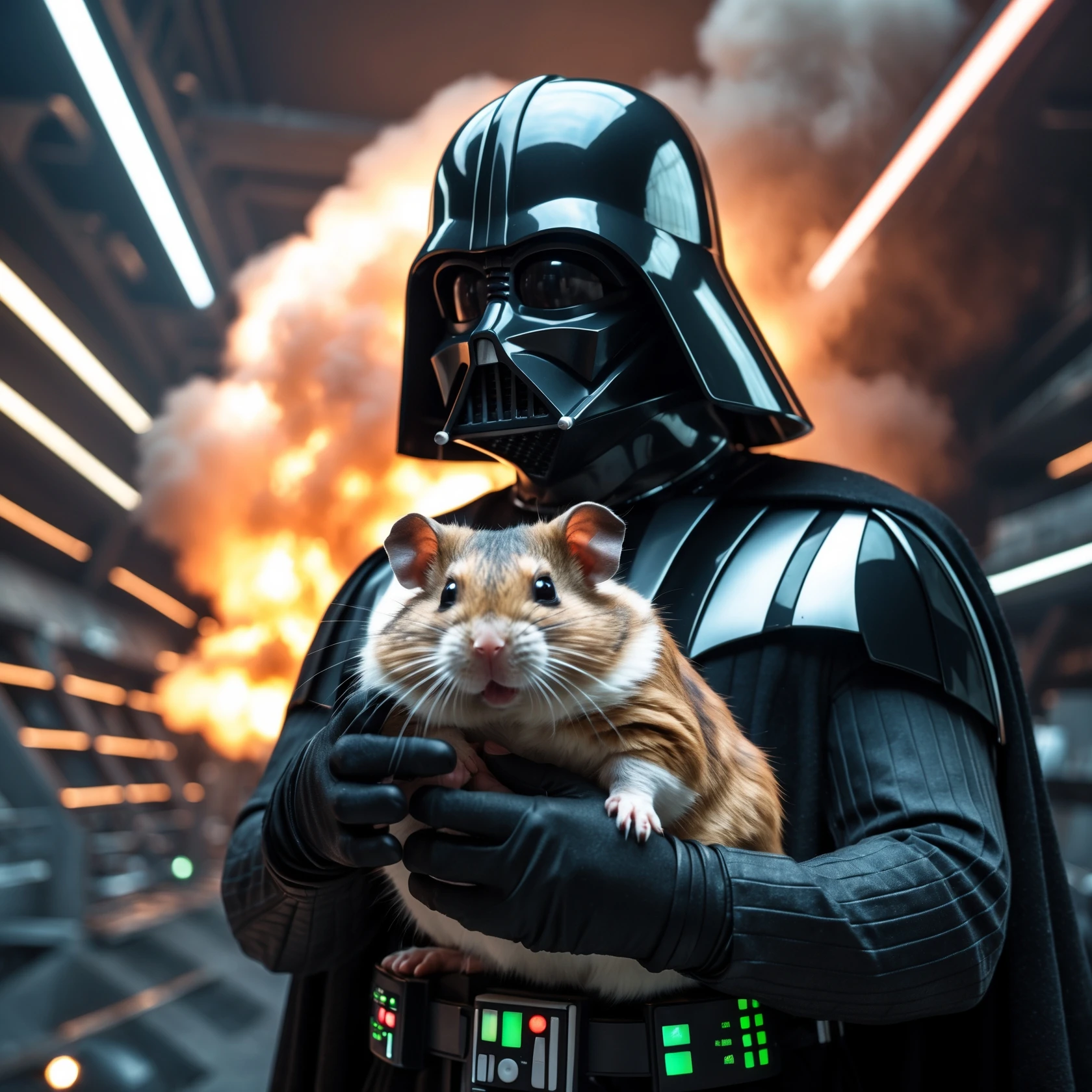 Cinematic still, Extreme Closeup Photo of a darth vader holding big hamster, low key light, explosion startship background with leading lines, back light, spot light emoji