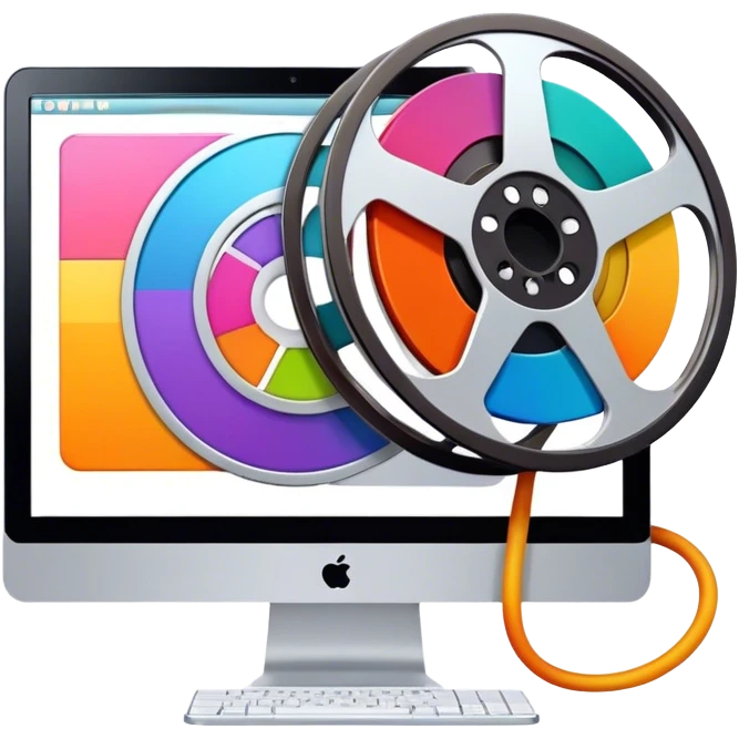 Create a vibrant and modern icon representing Animation and Motion Design, featuring elements like a film reel, a computer screen, and dynamic motion lines. The design should be visually engaging, colorful, and dynamic, without any emojis. The background must be transparent. emoji