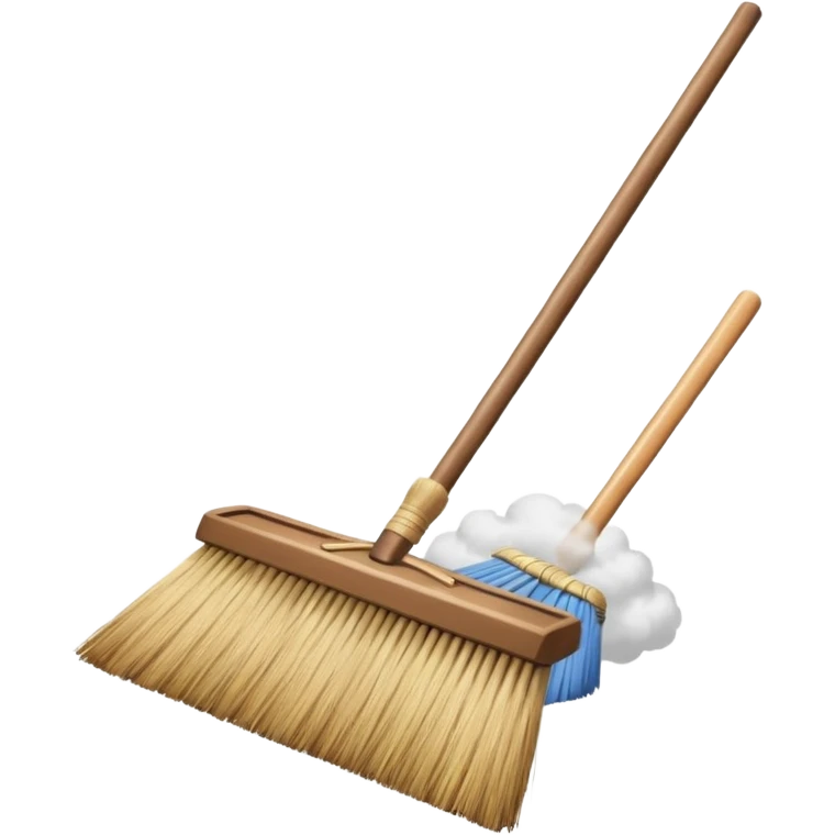 traditional broom with wooden handle on a dusty carpet, straw bristles sweeping visible dust clouds, old-fashioned cleaning tool, vintage household style, 3D cartoon, mobile game icon style, centered composition, no people, no animals, no text, no watermark emoji