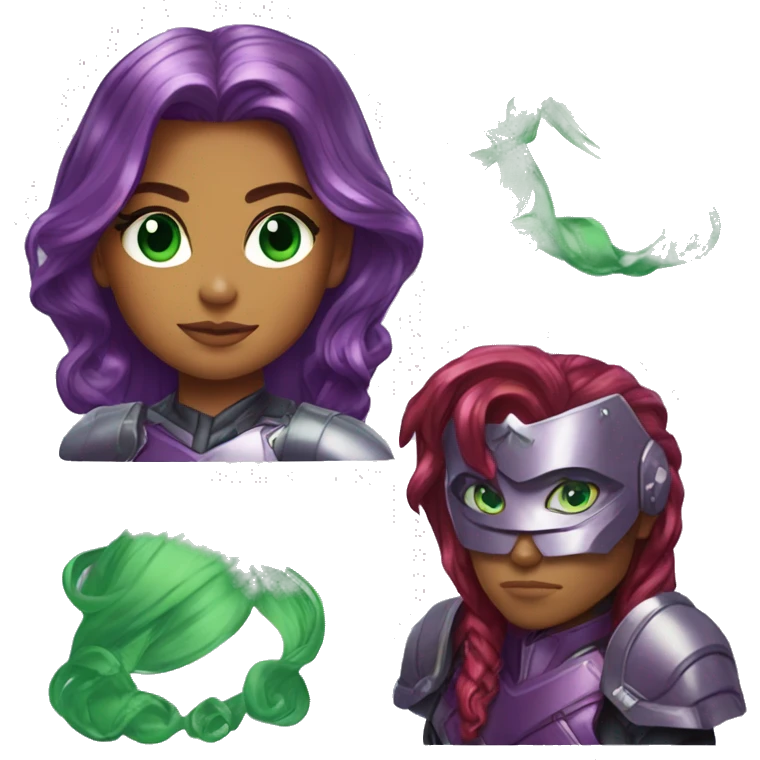 dc comics starfire red hair; purple silver armor; jade green eyes emoji