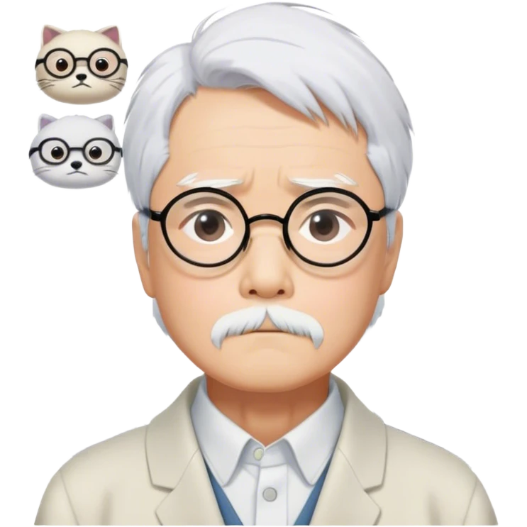​Cinematic Realistic Portrait of Hayao Miyazaki, depicted with striking white hair, defined black eyebrows, and large rectangular glasses, his thoughtful expression rendered in lifelike detail against a background of whimsical Studio Ghibli-inspired sketches, illuminated with soft, realistic lighting that emphasizes his creative genius, emoji