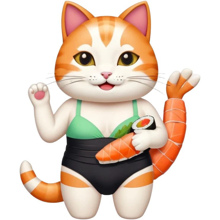 happy cat wearing a swimsuit made out of sushi emoji