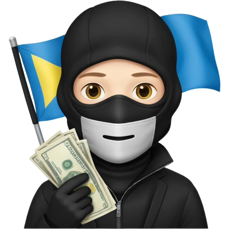 create an incredibly realistic white thief in a black suit and balaclava with a bag of money and a Ukrainian flag on it emoji