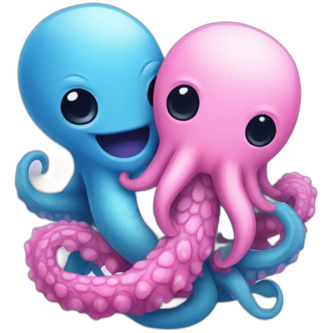 an adorable blue kraken hugging another pink kraken  adorable emoji
