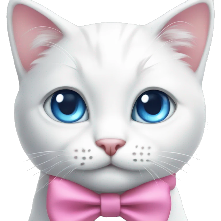 white cat with pink bow on neck with blue eyes sits emoji