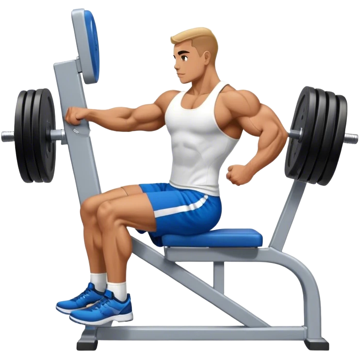 side-view bodybuilder in blue shorts seated weighted calf-raise machine lower leg exercise emoji