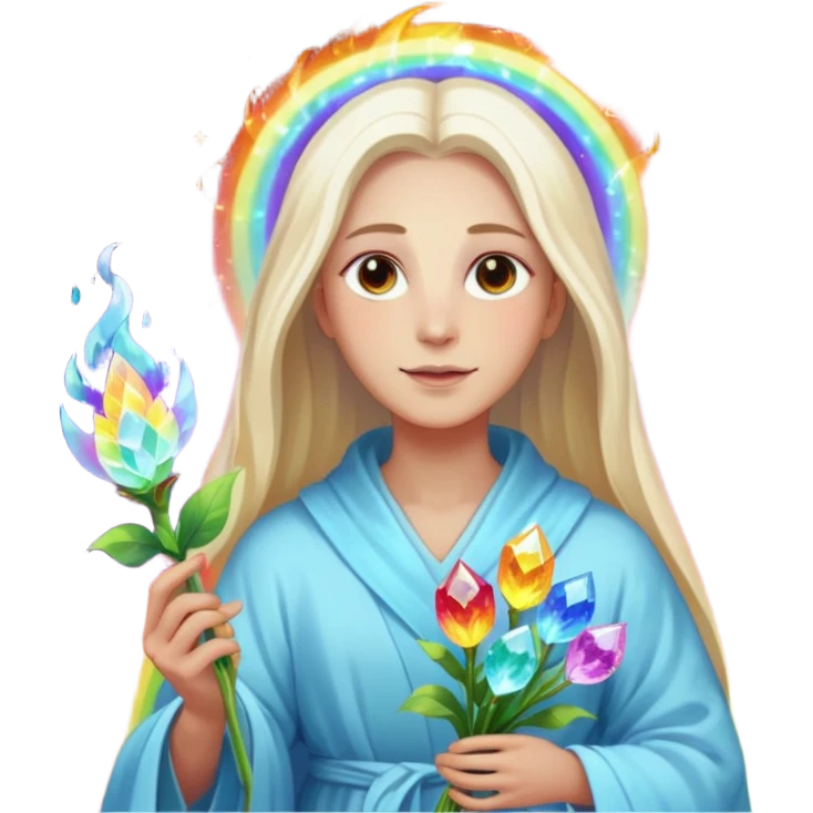 a being made of light pleidian nordic long faces but beautiful features of light with a robe on made of light and who is lanky holding a bouquet of crystal flowers on rainbow fire emoji