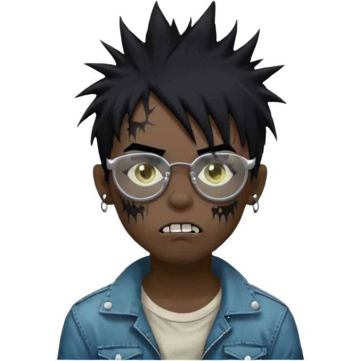 Boy, zombie, black hair, medium long, spiky hair, emo, shaggy, dark, spooky, creepy expression emoji, add transparent glasses, a risk on the eyebrow, some tattos emoji
