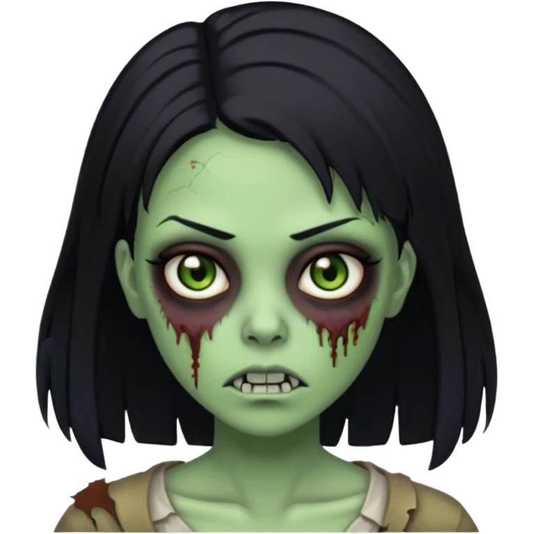 Faça uma zombie verde com olhos castanhos, cabelos pretos liso e com estilo baddie y2k emoji