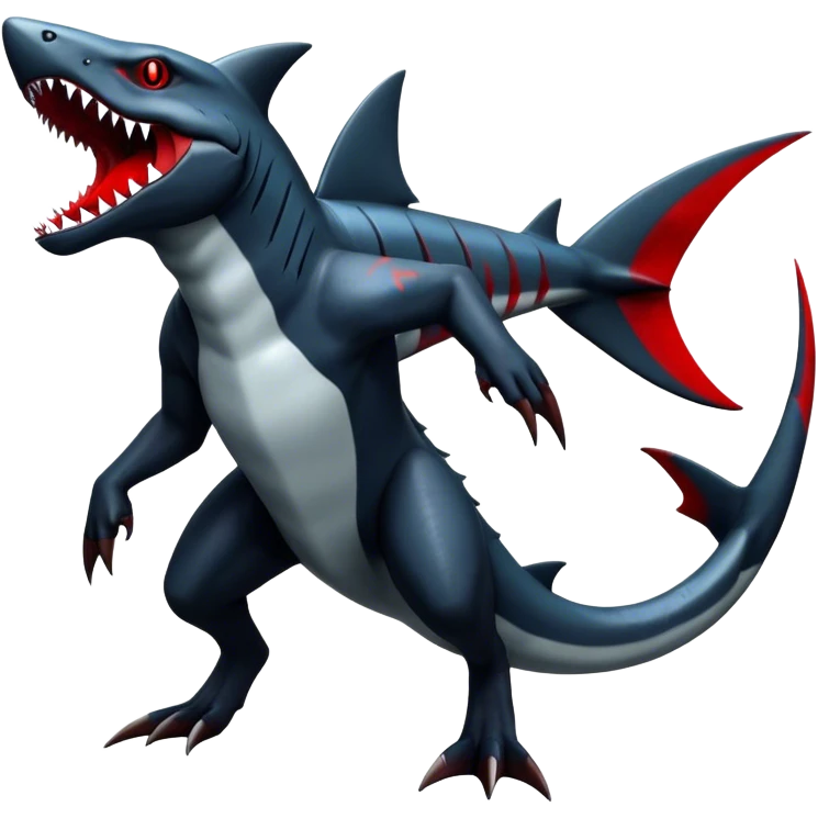 Realistic dark edgy futuristic modern advanced Sharpedo-Houndoom-Garchomp-Gible-Scizor-sergal-hybrid-animal creature with a shark-tail and red scars, full body, with cool sharp markings  emoji