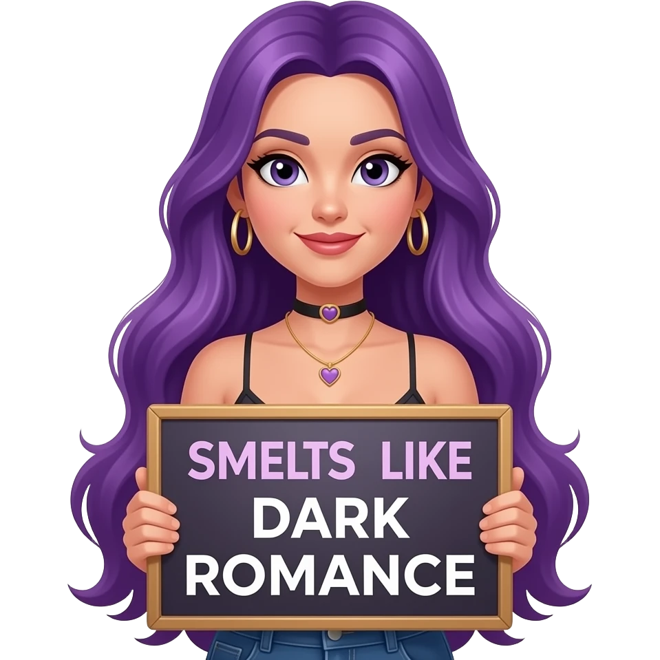 sexy girl with long purple hair holding a SMELLS like DARK ROMANCE sign emoji