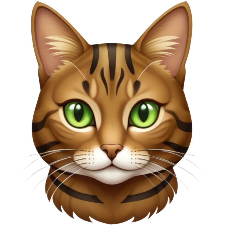 Cinematic Noble Brown Tabby Cat Portrait Emoji, Poised and regal, with sleek, well-groomed fur in warm brown tones accented by bold dark tabby stripes, striking almond-shaped golden-green eyes, Simplified yet sharp and sophisticated features, highly detailed, glowing with a soft, dignified glow, high shine, intelligent and graceful, stylized with an air of elegance, focused and attentive, soft glowing outline, capturing the essence of a watchful and refined feline, so majestic it feels as though it could glide across the screen with effortless confidence! emoji