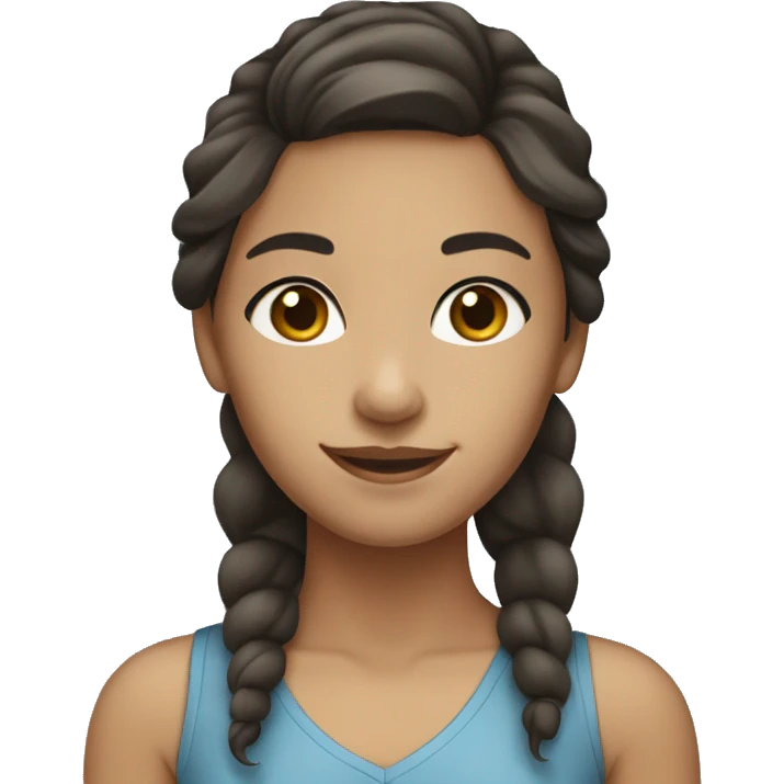 Girl with light olive skin, dark brown hair and blue-grey eyes smiling  emoji