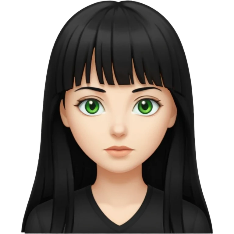 A white woman with Long straight hair with bangs, black hair, green eyes and a black low-cut shirt emoji