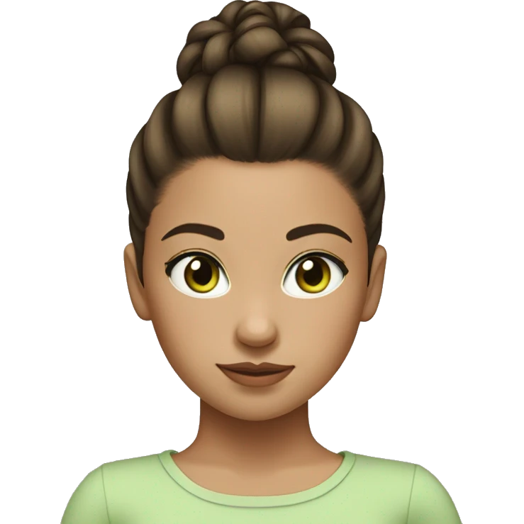 young girl with brunette hair tied up in a high bun and brunette hair, light green eyes emoji