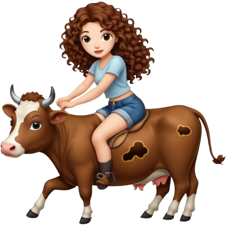 cute woman long curly brown hair tattoos riding gentle cow emoji