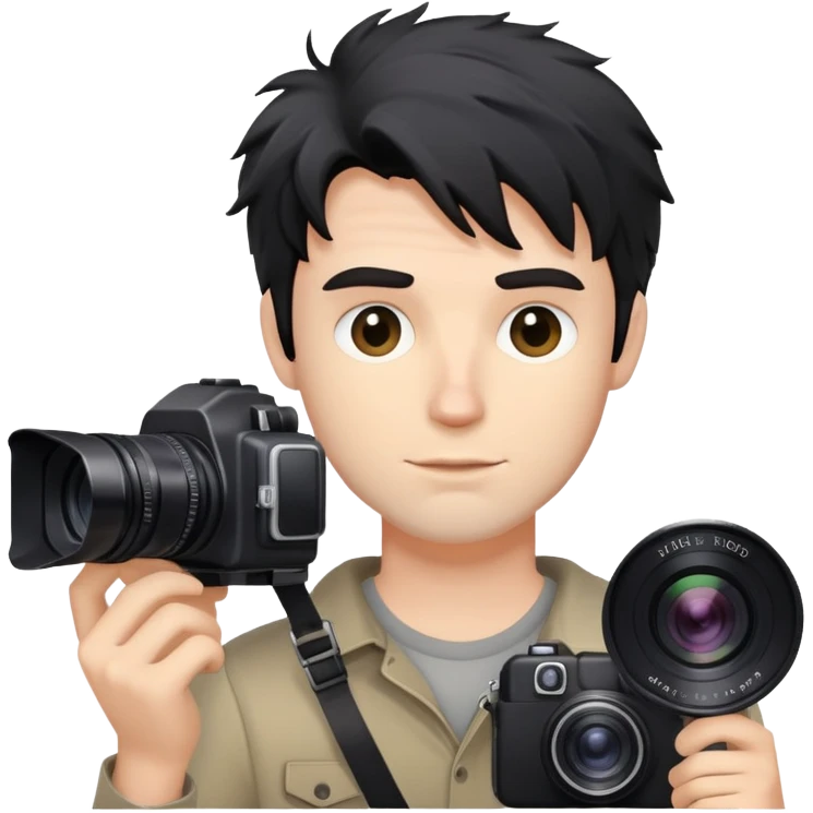 a white man with black messy hair holding a foto camera emoji