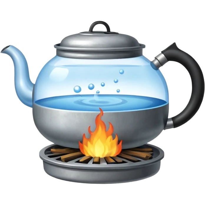 a small pot or kettle filled with water placed on fire, the water is boiling emoji