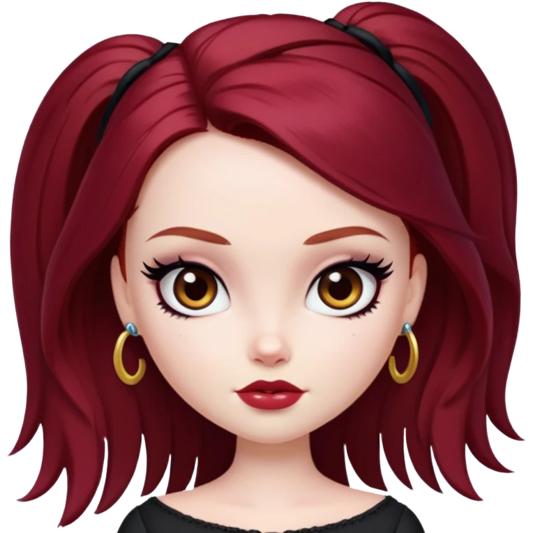 pretty bratz girl, tall, pale skin, dark red hair,  long hair, brown eyes, black eyeliner emoji