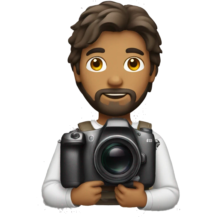 brown guy with mullet and beard holding a photo camera emoji