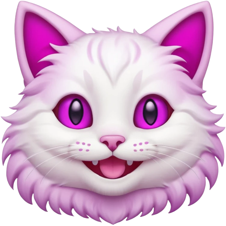 White cat smiling with teeth showing, pink inner ears, magenta purple eyes, looks like discord's Smiling Cat emoji emoji