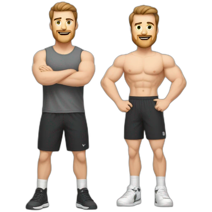 Full height Actively gesturing  with hands Pale skinned Fit Man With the biceps and brown hair in dark gray Sleeveless Mike, black oversize sports shorts, watch and white Sneakers emoji