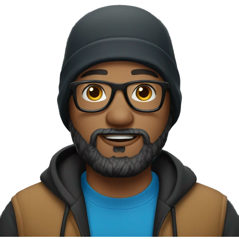 man with a beard in a blue hoodie wearing a black carhartt beanie and clear glasses emoji