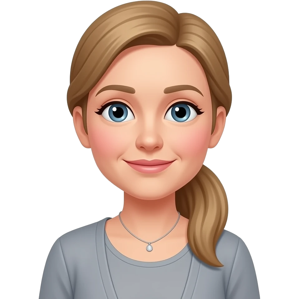 pink cheeks, smaller Blue eyes, light skin, longer blonde/brown hair pony tail, 38 aged women, cardigan, grey top,small necklace emoji