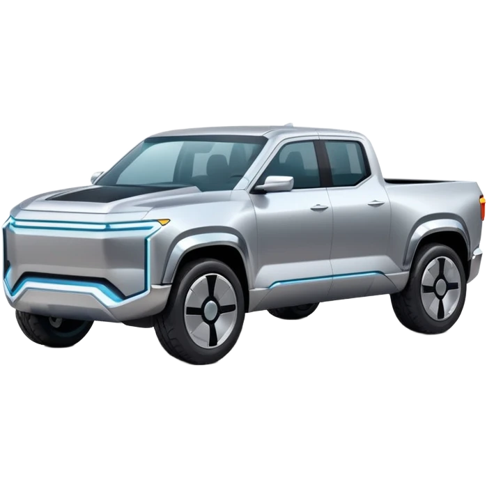 A futuristic electric pickup truck emoji, silver chrome body, angular cyber design, smooth metallic panels, subtle reflections, minimalistic proportions, iOS emoji style, centered composition, clean white background, soft lighting emoji