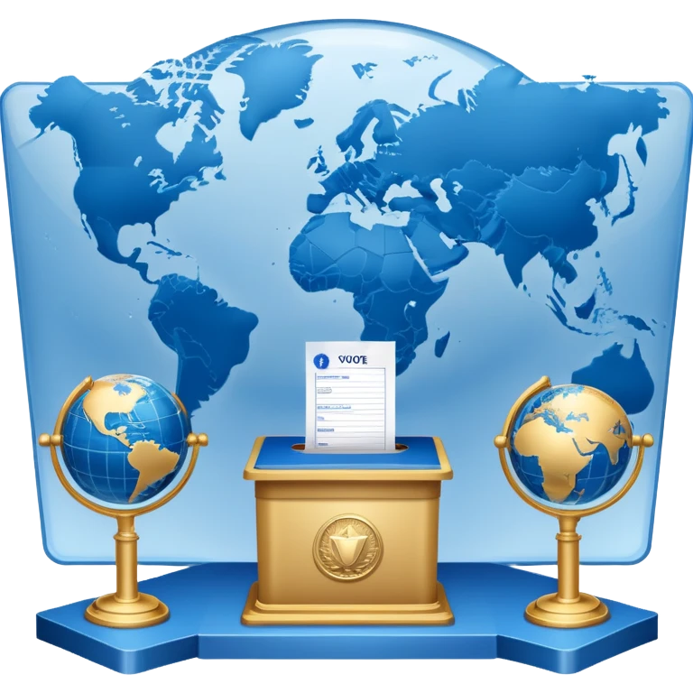An icon featuring a podium with a speaker, a ballot box with a voting slip, and a globe, symbolizing political science. The design includes scales of justice and a world map in the background, representing governance and global politics. Transparent background highlights political analysis. emoji