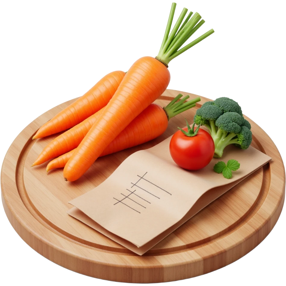 carrot tomato brocoli on the wooden cutting board with floating rolled paper list emoji