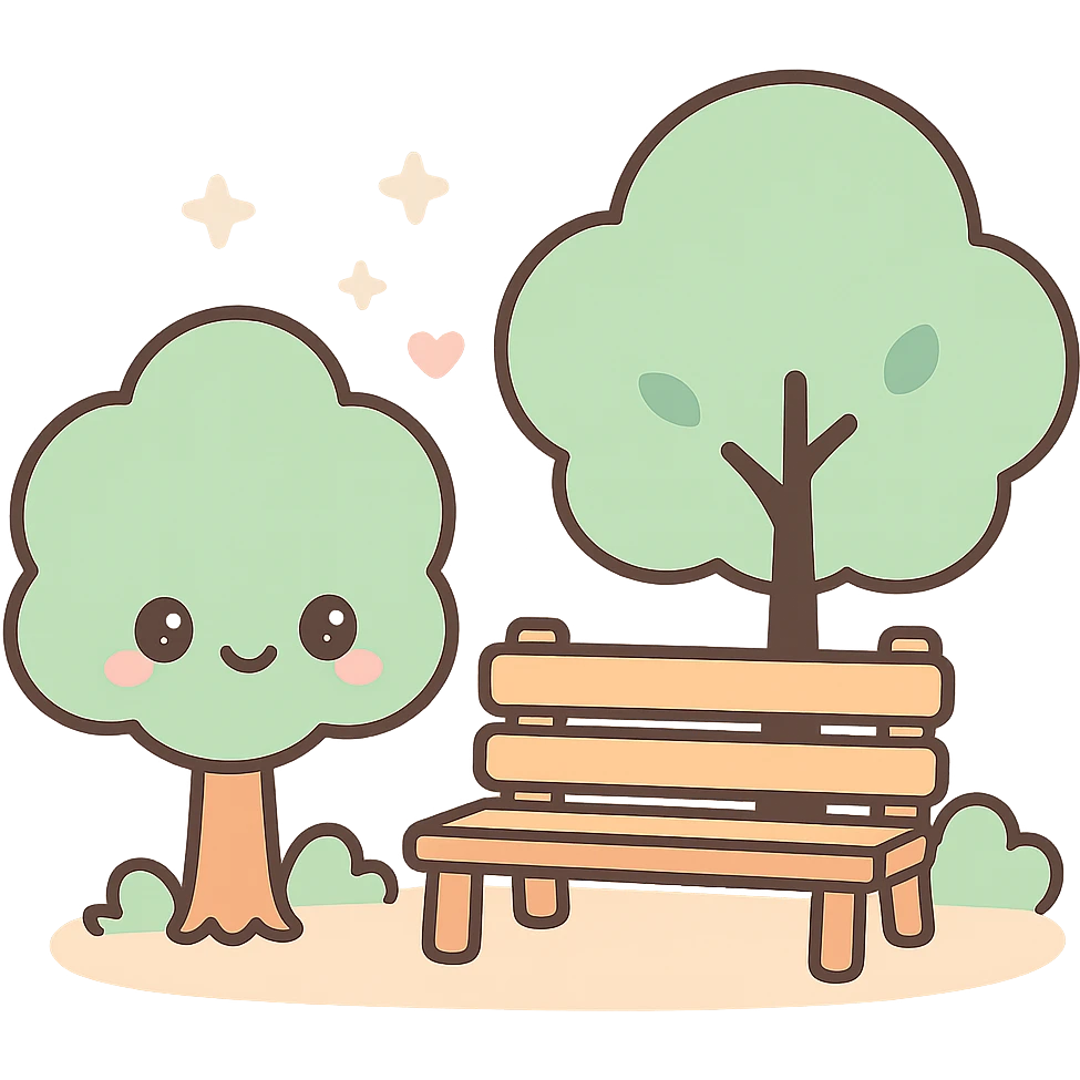 park with trees and a bench, kawaii chibi anime style, flat pastel colors, thick outlines, simple cute features emoji