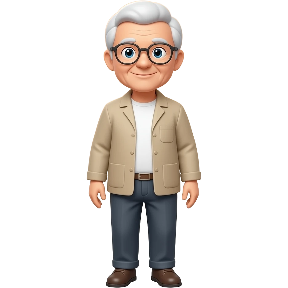 Minimalist flat design icon of a full-body elderly person wearing glasses and comfortable clothing, gentle standing pose, simple and respectful design, soft warm gradient (orange and beige), no text, transparent background emoji